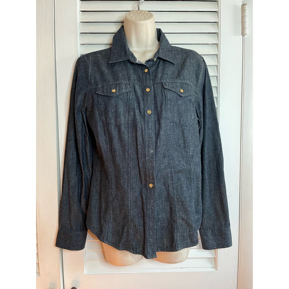 Talbots‎ dark wash denim blouse size 10P 100% cotton goldtone buttons Excellent